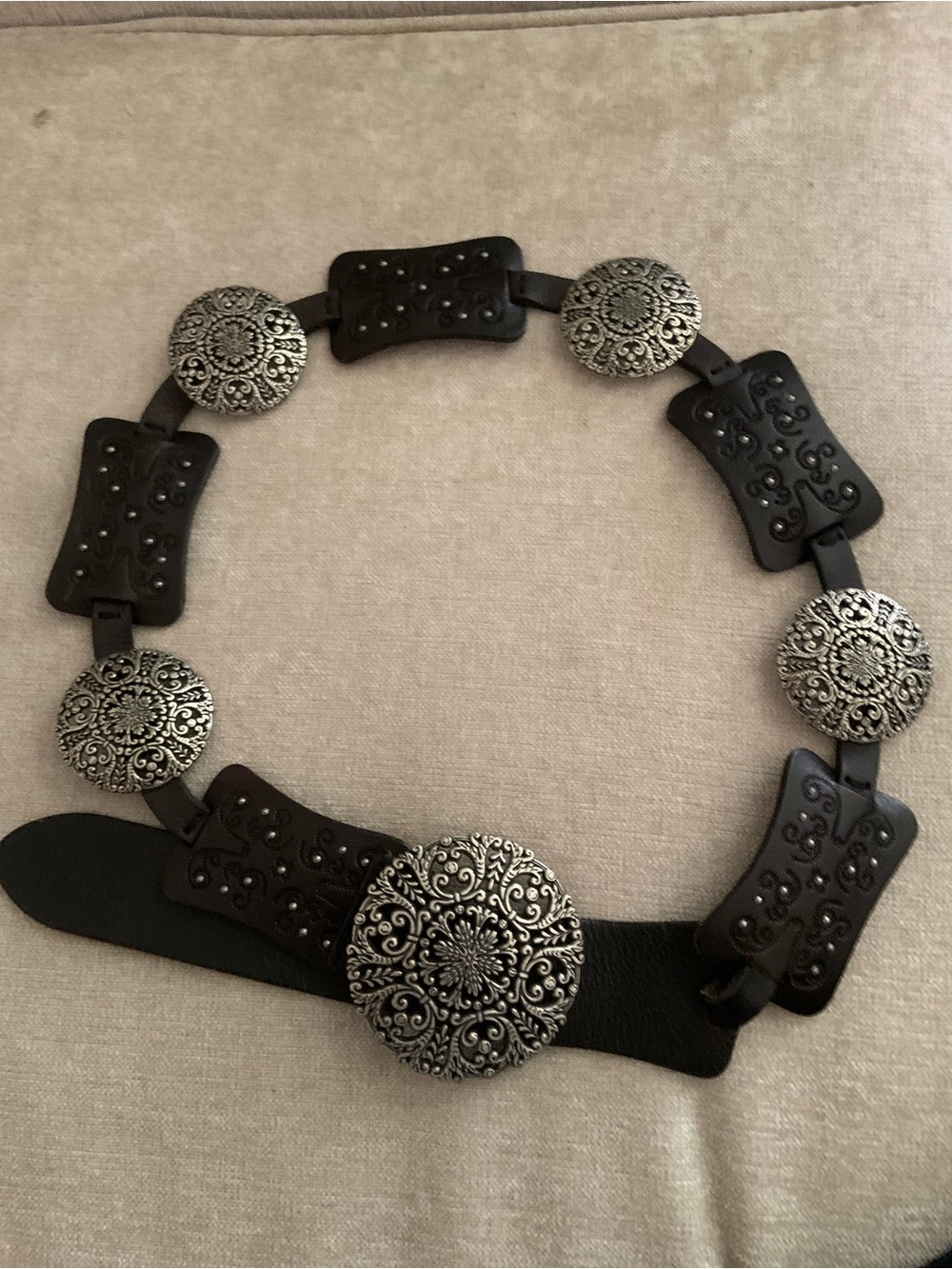 Black Leather Belt with Ornate Silver Conchos
